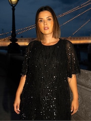 Live Unlimited Black Curve Fringe Sequin Midi Dress - Image 8 of 8