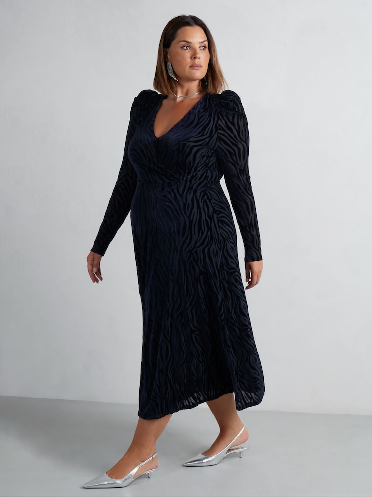 Live Unlimited Blue Curve Zebra Burnout Puff Sleeve Dress - Image 2 of 5 Live Unlimited Blue Curve Zebra Burnout Puff Sleeve Dress - Image 2 of 5