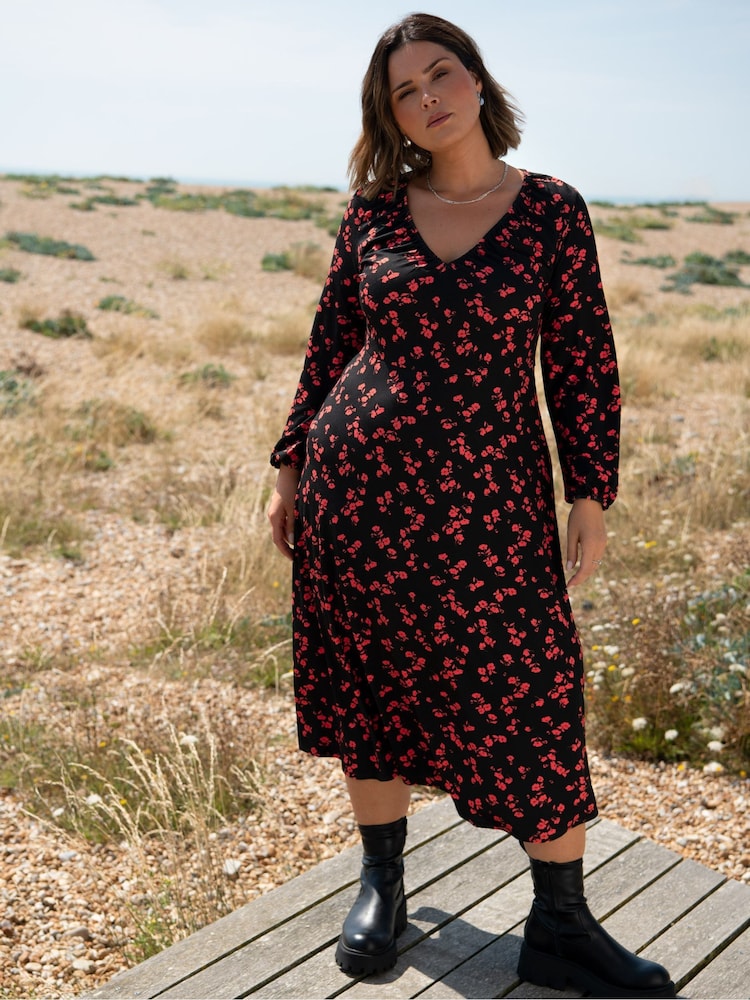 Live Unlimited Red Petite Floral Print Jersey V-Neck Midi Dress - Image 1 of 6