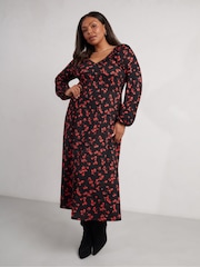 Live Unlimited Red Petite Floral Print Jersey V-Neck Midi Dress - Image 3 of 6