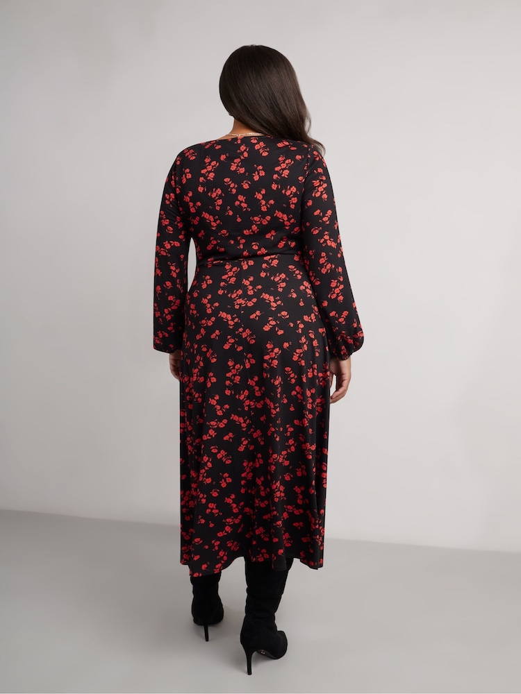 Live Unlimited Red Petite Floral Print Jersey V-Neck Midi Dress - Image 6 of 6