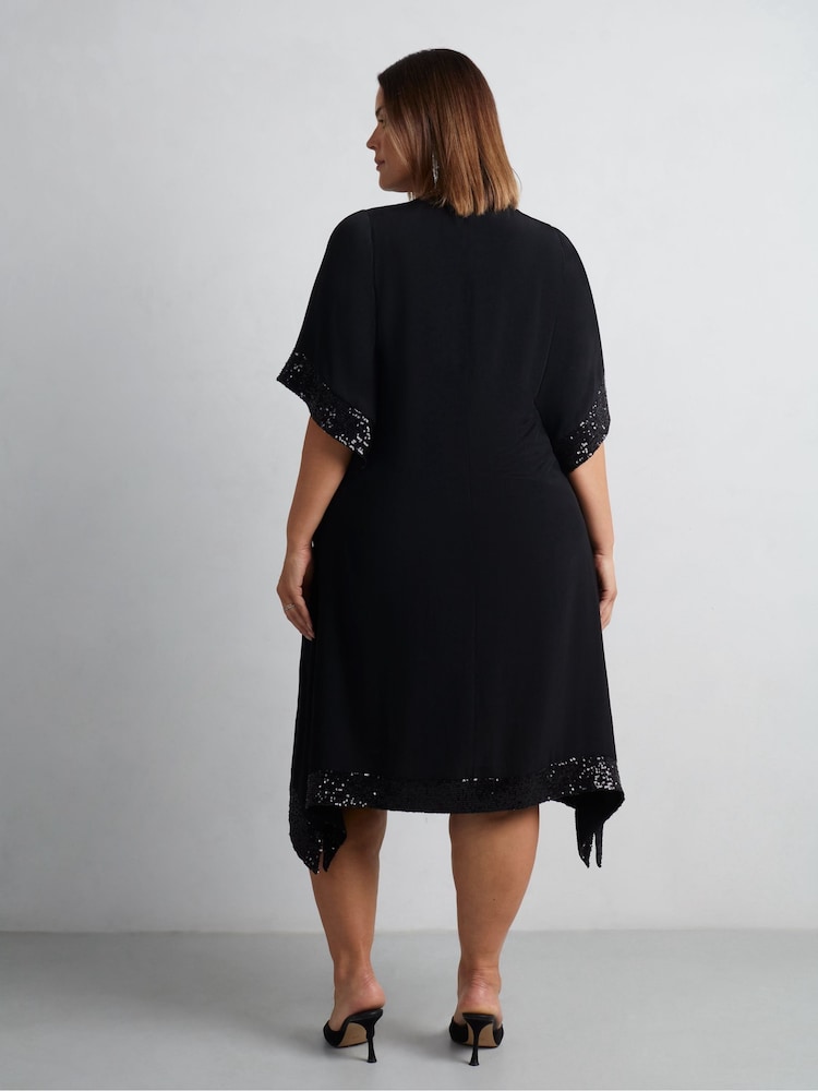 Live Unlimited Black Curve Sequin Trim Angel Sleeve Dress - Image 6 of 6
