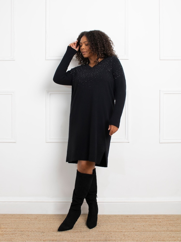 Live Unlimited Black Stud V-Neck Jumper Dress - Image 1 of 5