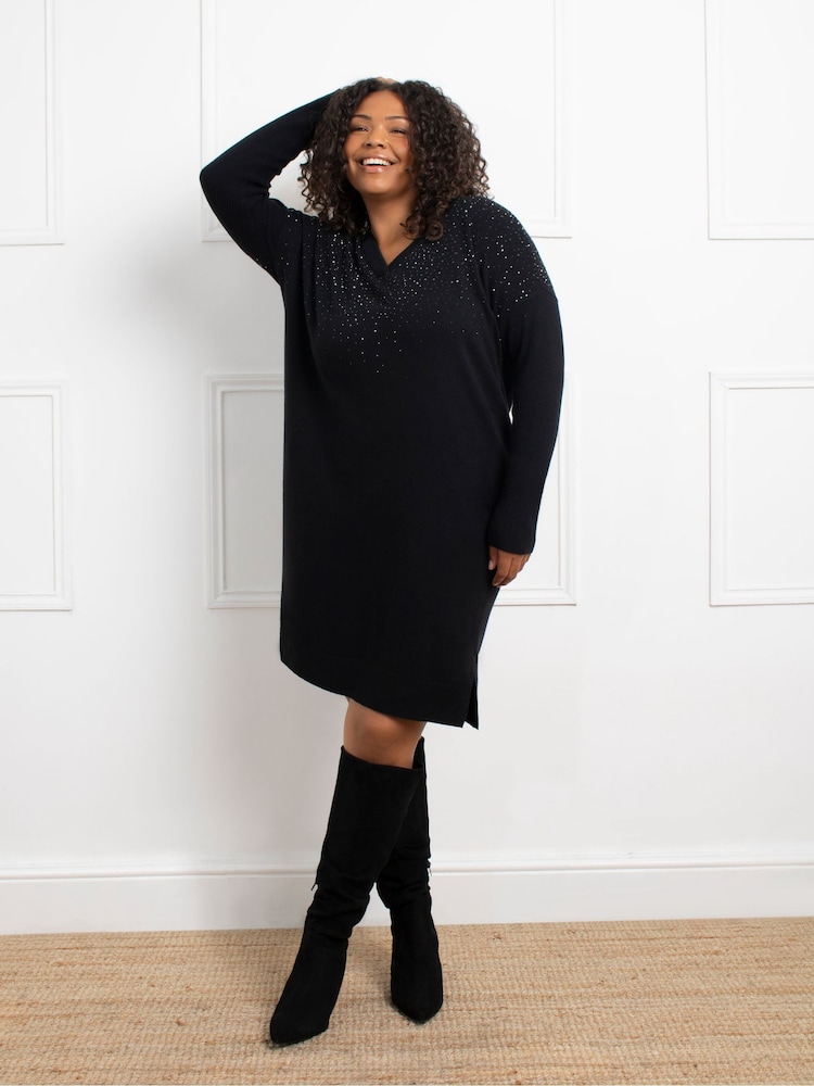 Live Unlimited Black Stud V-Neck Jumper Dress - Image 2 of 5