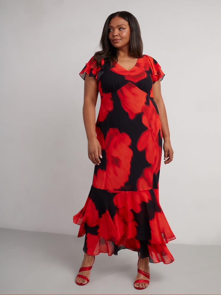 Live Unlimited Red Petite Floral Ruffle Shoulder Maxi Dress - Image 1 of 8