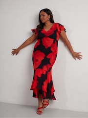 Live Unlimited Red Petite Floral Ruffle Shoulder Maxi Dress - Image 2 of 8