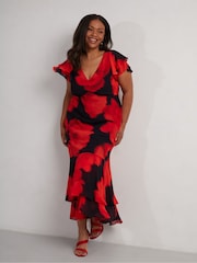 Live Unlimited Red Petite Floral Ruffle Shoulder Maxi Dress - Image 3 of 8