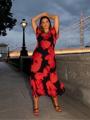 Live Unlimited Red Petite Floral Ruffle Shoulder Maxi Dress - Image 7 of 8
