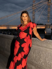 Live Unlimited Red Petite Floral Ruffle Shoulder Maxi Dress - Image 8 of 8