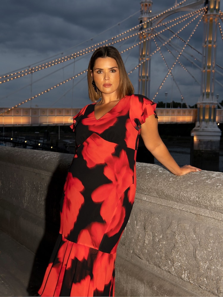 Live Unlimited Red Petite Floral Ruffle Shoulder Maxi Dress - Image 8 of 8