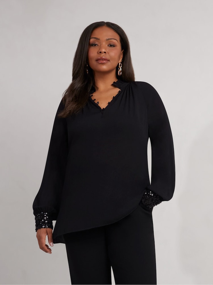 Live Unlimited Black Long Sleeve Sequin Cuff Blouse - Image 1 of 5