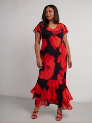Live Unlimited Red Floral Ruffle Shoulder Maxi Dress - Image 3 of 8
