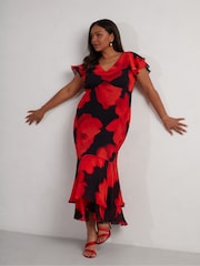 Live Unlimited Red Floral Ruffle Shoulder Maxi Dress - Image 4 of 8