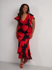 Live Unlimited Red Floral Ruffle Shoulder Maxi Dress - Image 5 of 8