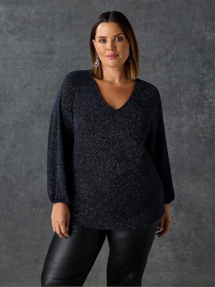 Live Unlimited Blue Sparkle Jersey V-Neck Top - Image 1 of 3