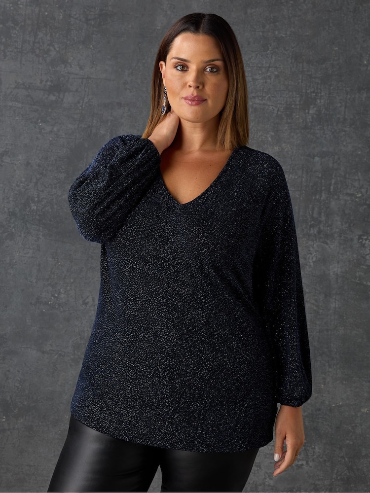 Live Unlimited Blue Sparkle Jersey V-Neck Top - Image 2 of 3