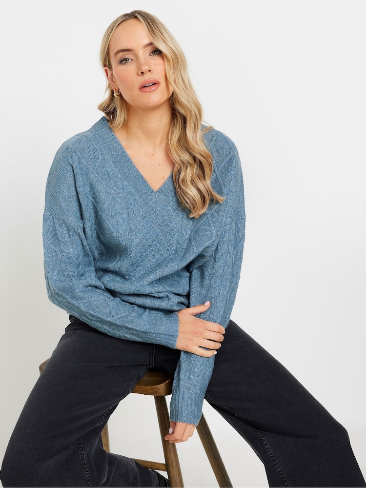 Long Tall Sally Blue V Front Cable Jumper - Image 1 of 5 Long Tall Sally Blue V Front Cable Jumper - Image 1 of 5