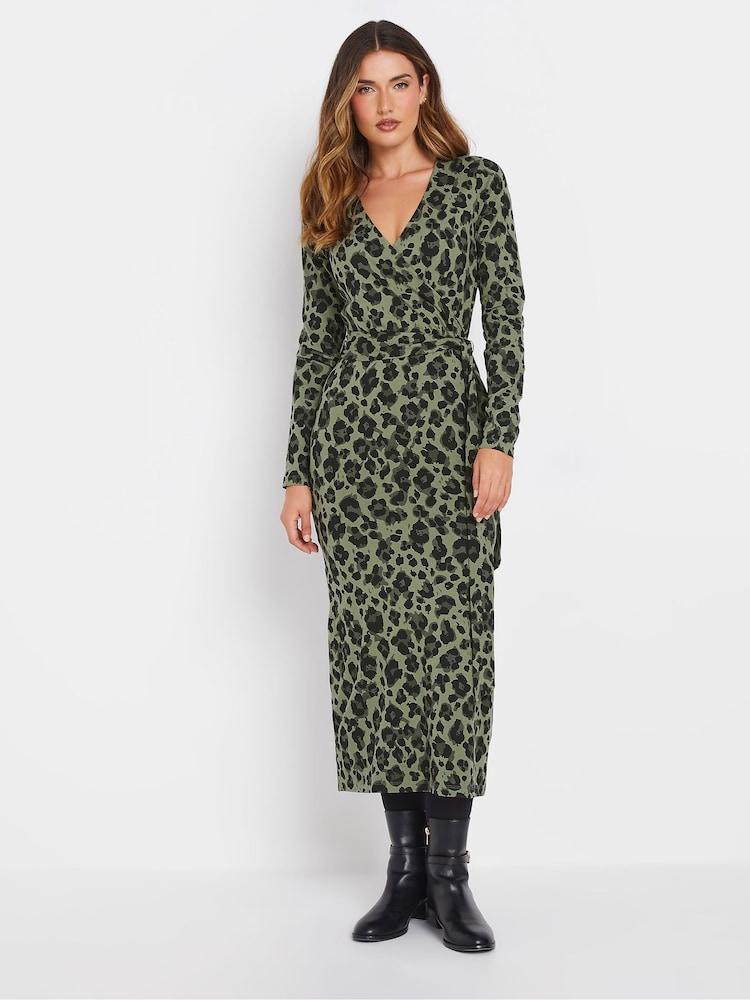 Long Tall Sally Green Animal Leopard Print Wrap Midi Dress - Image 1 of 5
