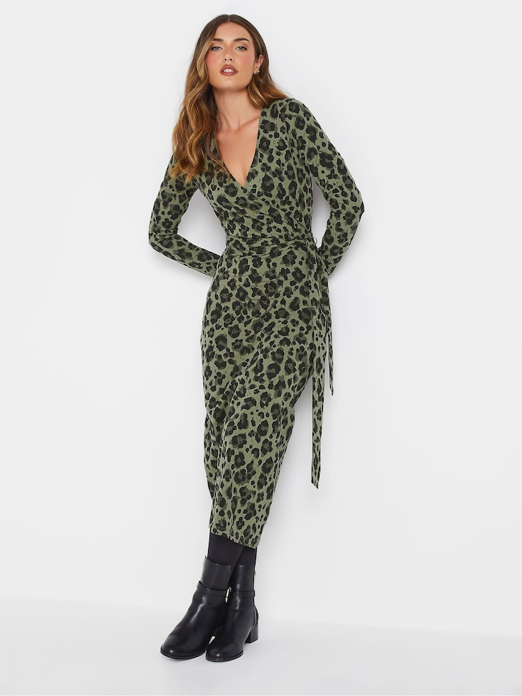 Long Tall Sally Green Animal Leopard Print Wrap Midi Dress - Image 2 of 5