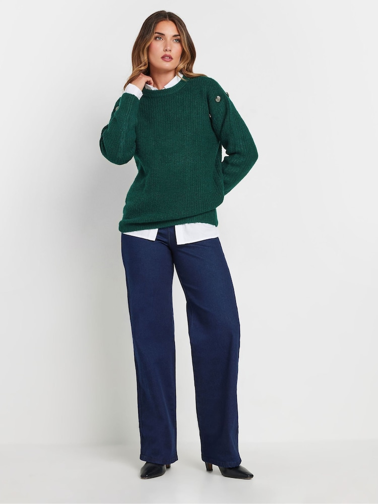 Long Tall Sally Green Button Shoulder Cable Jumper - Image 2 of 5 Long Tall Sally Green Button Shoulder Cable Jumper - Image 2 of 5