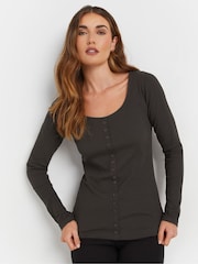 Long Tall Sally Grey Long Sleeve Button Through Ribbed T-Shirt - Image 1 of 7