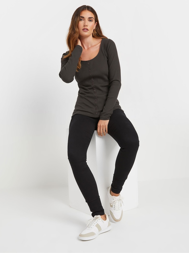 Long Tall Sally Grey Long Sleeve Button Through Ribbed T-Shirt - Image 2 of 7