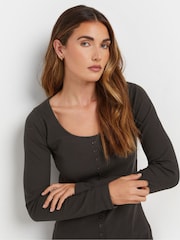 Long Tall Sally Grey Long Sleeve Button Through Ribbed T-Shirt - Image 3 of 7