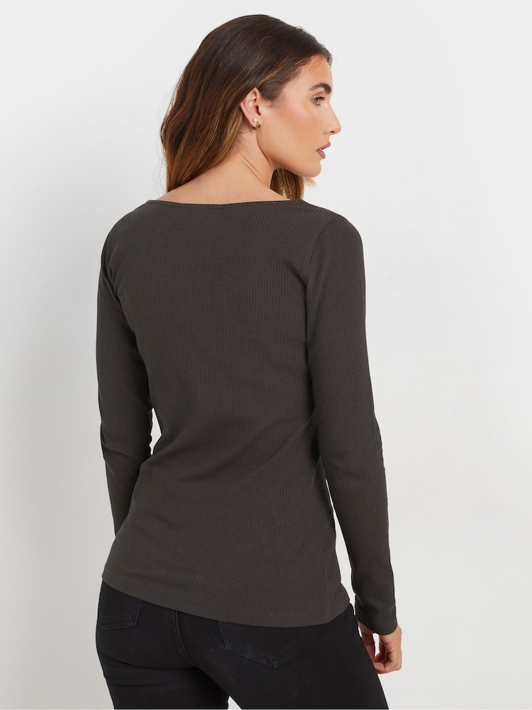 Long Tall Sally Grey Long Sleeve Button Through Ribbed T-Shirt - Image 4 of 7