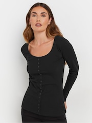 Long Tall Sally Black Long Sleeve Button Through Ribbed T-Shirt - Image 1 of 7