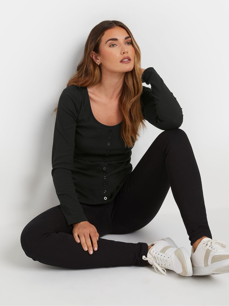 Long Tall Sally Black Long Sleeve Button Through Ribbed T-Shirt - Image 2 of 7 Long Tall Sally Black Long Sleeve Button Through Ribbed T-Shirt - Image 2 of 7