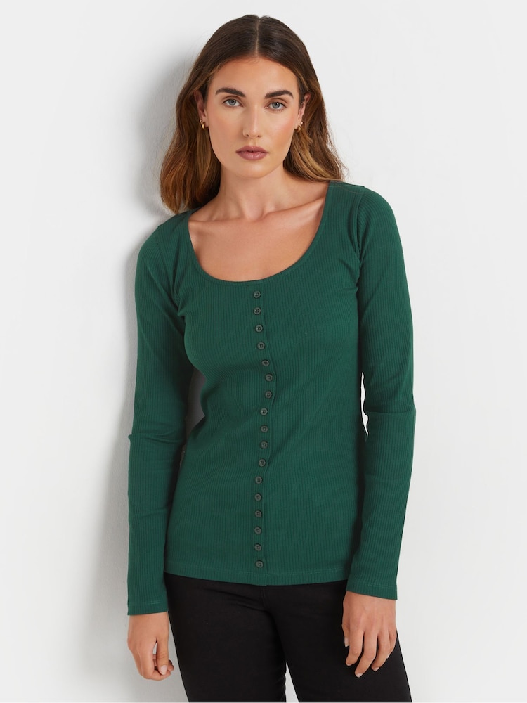 Long Tall Sally Green Long Sleeve Button Through Ribbed T-Shirt - Image 1 of 5 Long Tall Sally Green Long Sleeve Button Through Ribbed T-Shirt - Image 1 of 5