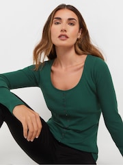 Long Tall Sally Green Long Sleeve Button Through Ribbed T-Shirt - Image 4 of 5