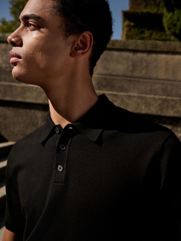 Black Stag Logo Regular Fit Cotton Rich Short Sleeve Knit Polo Shirt - Image 4 of 7