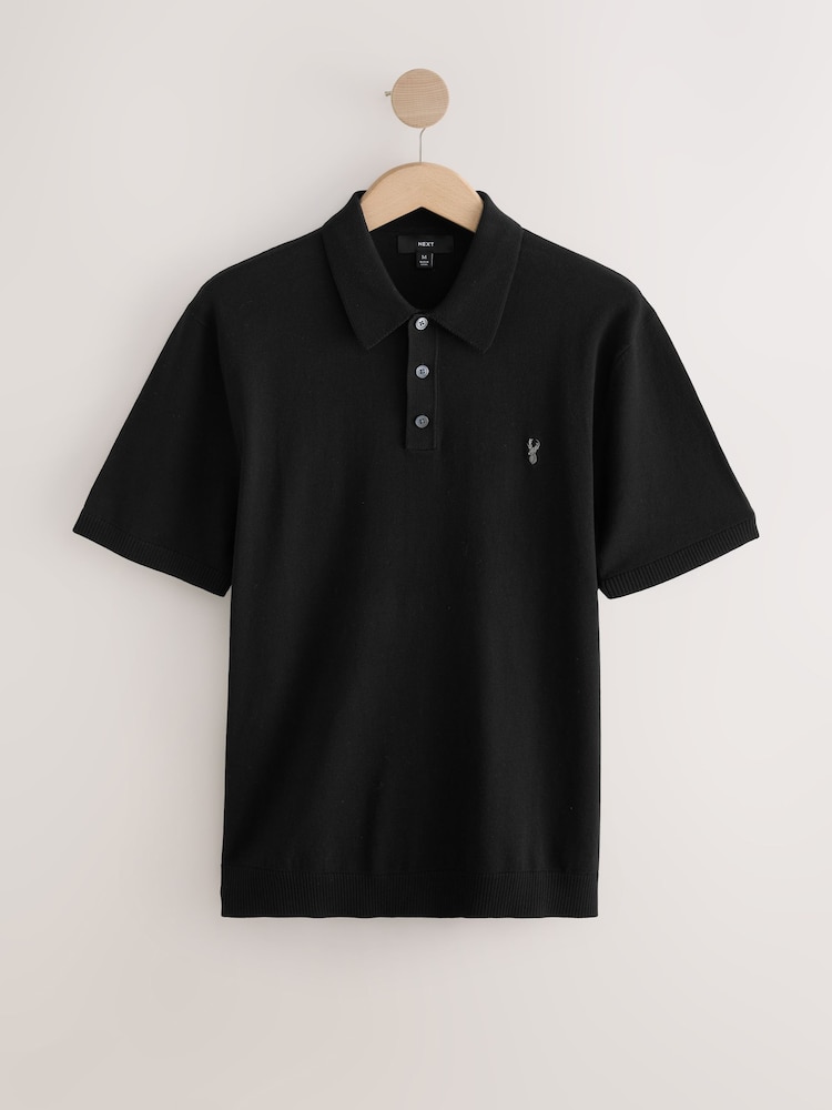 Black Stag Logo Regular Fit Cotton Rich Short Sleeve Knit Polo Shirt - Image 5 of 7