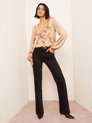 Friends Like These Gold Long Sleeve Crinkle Satin Ruffle Front Blouse - Image 2 of 4