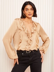 Friends Like These Gold Long Sleeve Crinkle Satin Ruffle Front Blouse - Image 3 of 4