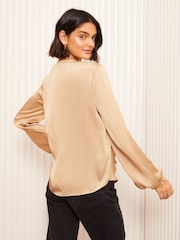 Friends Like These Gold Long Sleeve Crinkle Satin Ruffle Front Blouse - Image 4 of 4