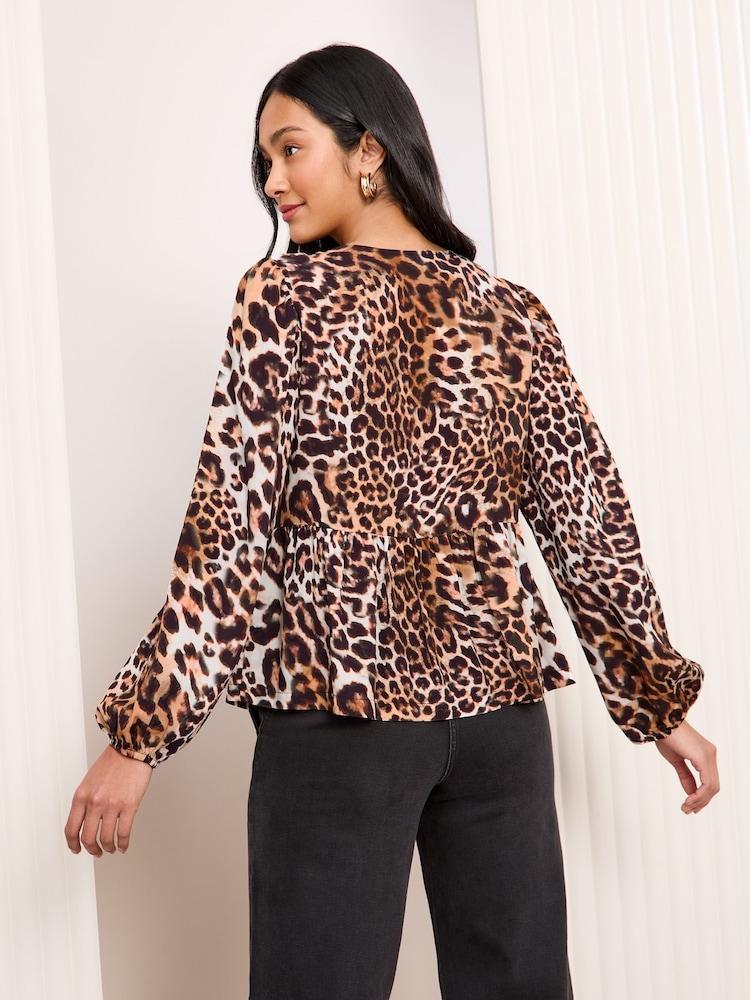 Friends Like These Brown Animal Leopard Print Long Sleeve Tie Front Blouse - Image 4 of 4
