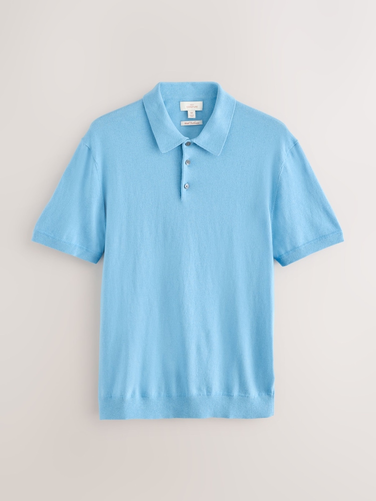 Light Blue Regular Fit Cotton/Cashmere Blend Signature Short Sleeve Knit Polo Shirt - Image 1 of 3