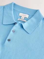 Light Blue Regular Fit Cotton/Cashmere Blend Signature Short Sleeve Knit Polo Shirt - Image 2 of 3