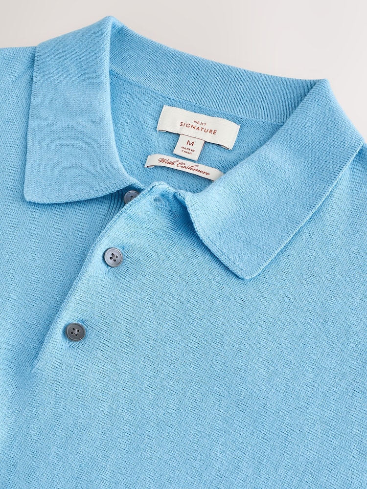 Light Blue Regular Fit Cotton/Cashmere Blend Signature Short Sleeve Knit Polo Shirt - Image 2 of 3