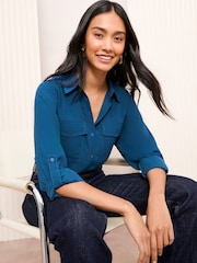 Friends Like These Blue Long Sleeve Utility Style Button Through Shirt - Image 1 of 4