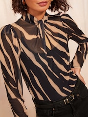Friends Like These Black Animal High Neck Twist Mesh Top - Image 1 of 4