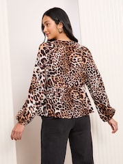 Friends Like These Brown Animal Petite Leopard Print Long Sleeve Tie Front Blouse - Image 4 of 4