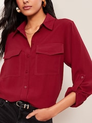 Friends Like These Burgundy Red Long Sleeve Utility Style Button Through Shirt - Image 1 of 4