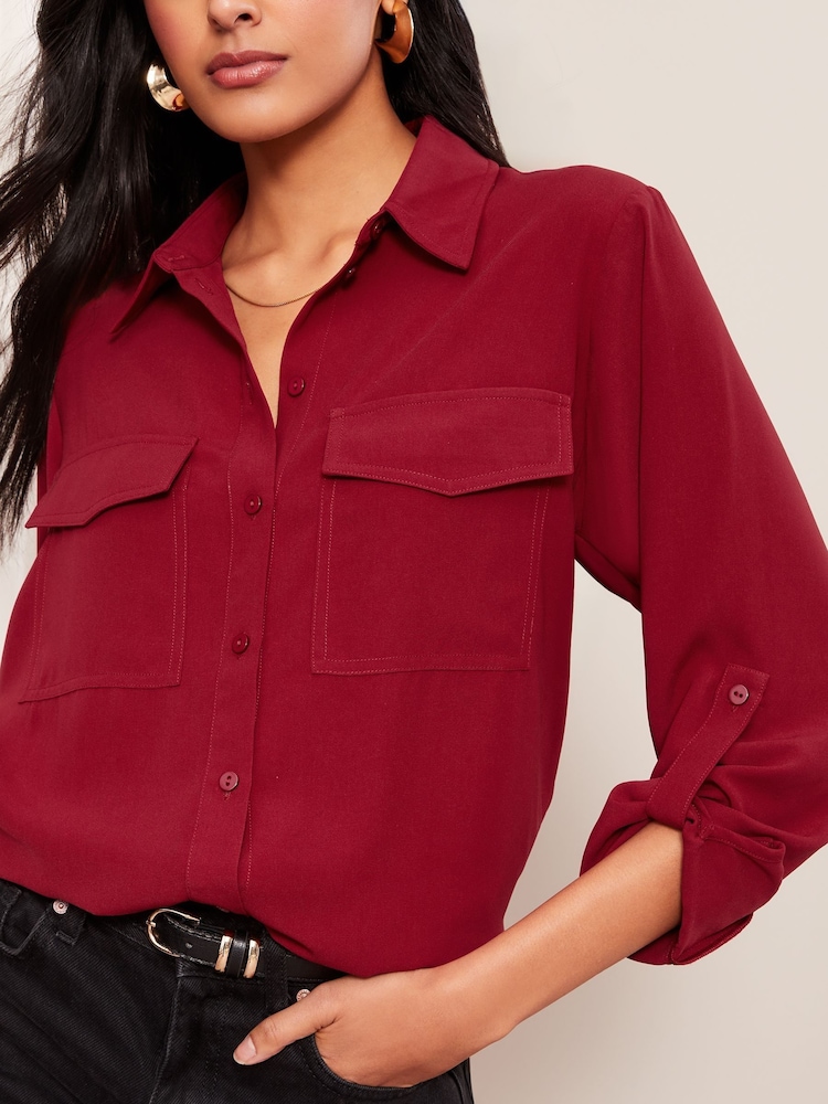 Friends Like These Burgundy Red Long Sleeve Utility Style Button Through Shirt - Image 1 of 4