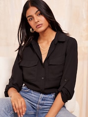 Friends Like These Black Petite Long Sleeve Utility Style Button Through Shirt - Image 1 of 4