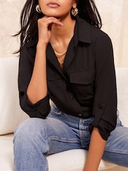 Friends Like These Black Petite Long Sleeve Utility Style Button Through Shirt - Image 3 of 4