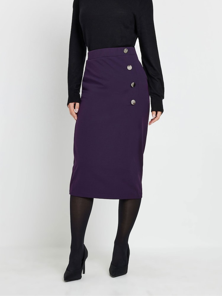 M&Co Purple Petite Button Detail Midi Skirt - Image 1 of 5