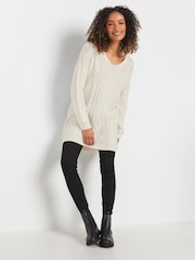 M&Co Ivory White V-Neck Cable Knit Tunic Jumper - Image 3 of 5
